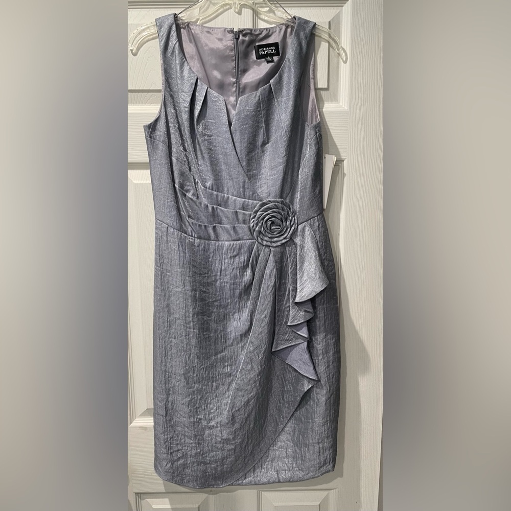Adrianna Papell Silver Asymmetrical Ruffled Sheath Formal Dress